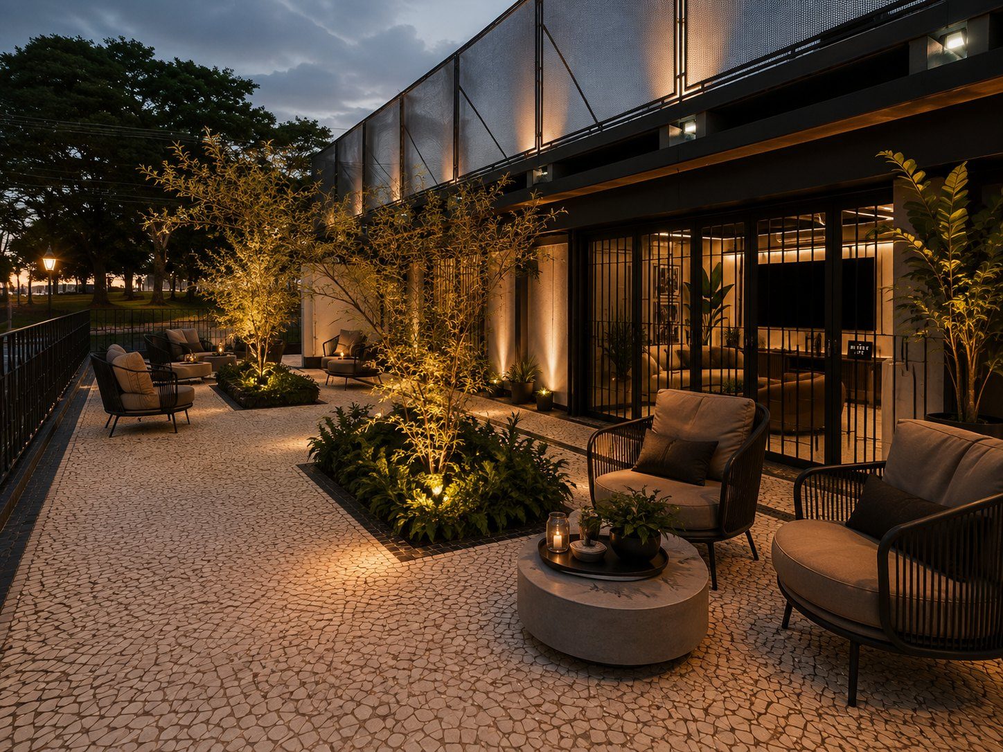 Terraço da AUTORE com vegetação e iluminação natural suave