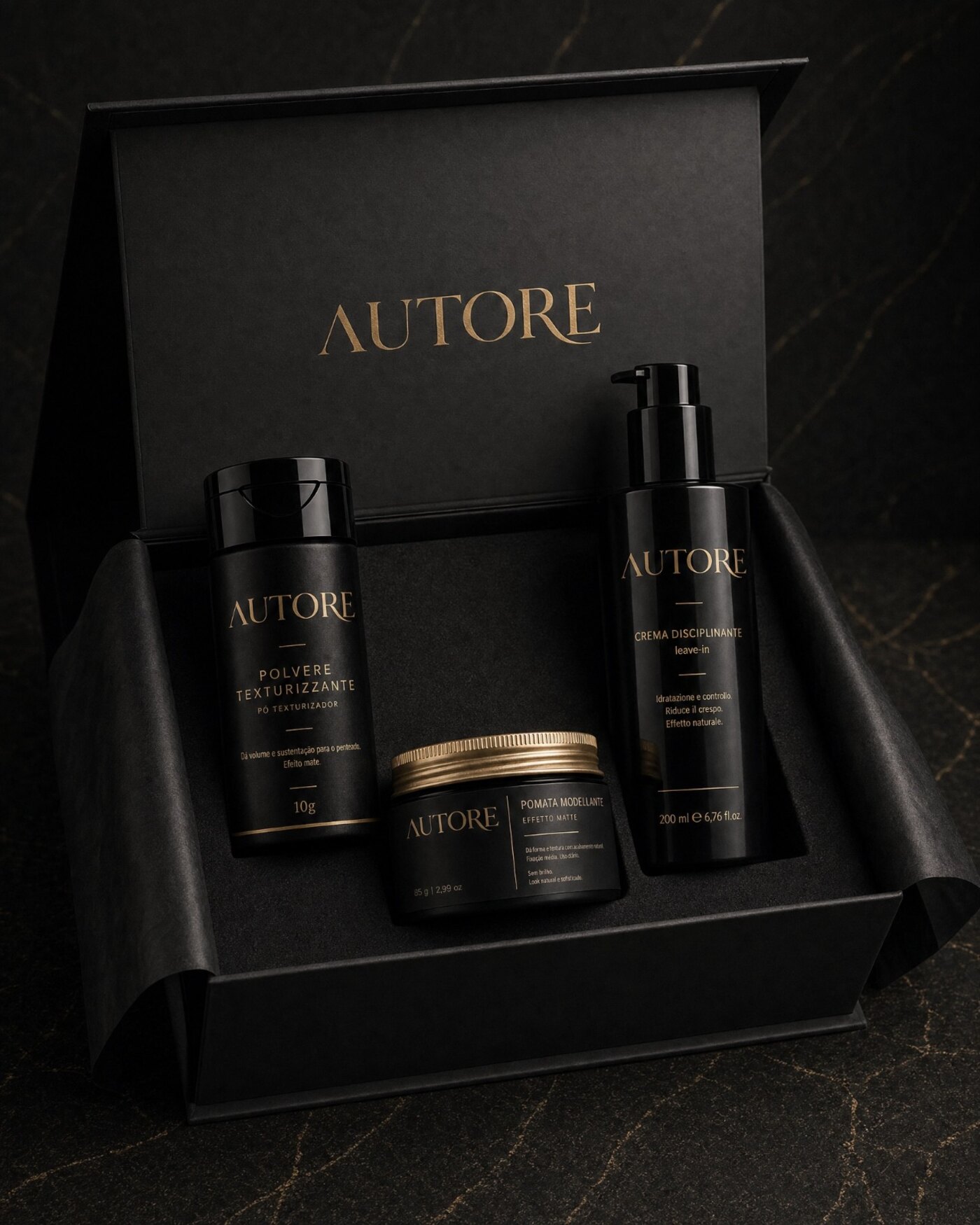 Linha de cosméticos AUTORE Rituale em embalagem preta e dourada